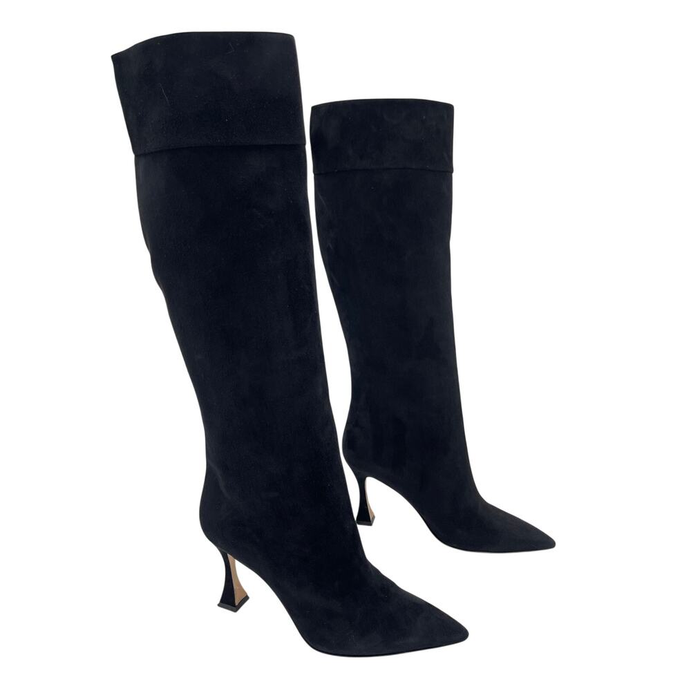 Manolo Blahnik Miralonepla Black Kid Suede Pointed Toe Knee High Boots IT 42
